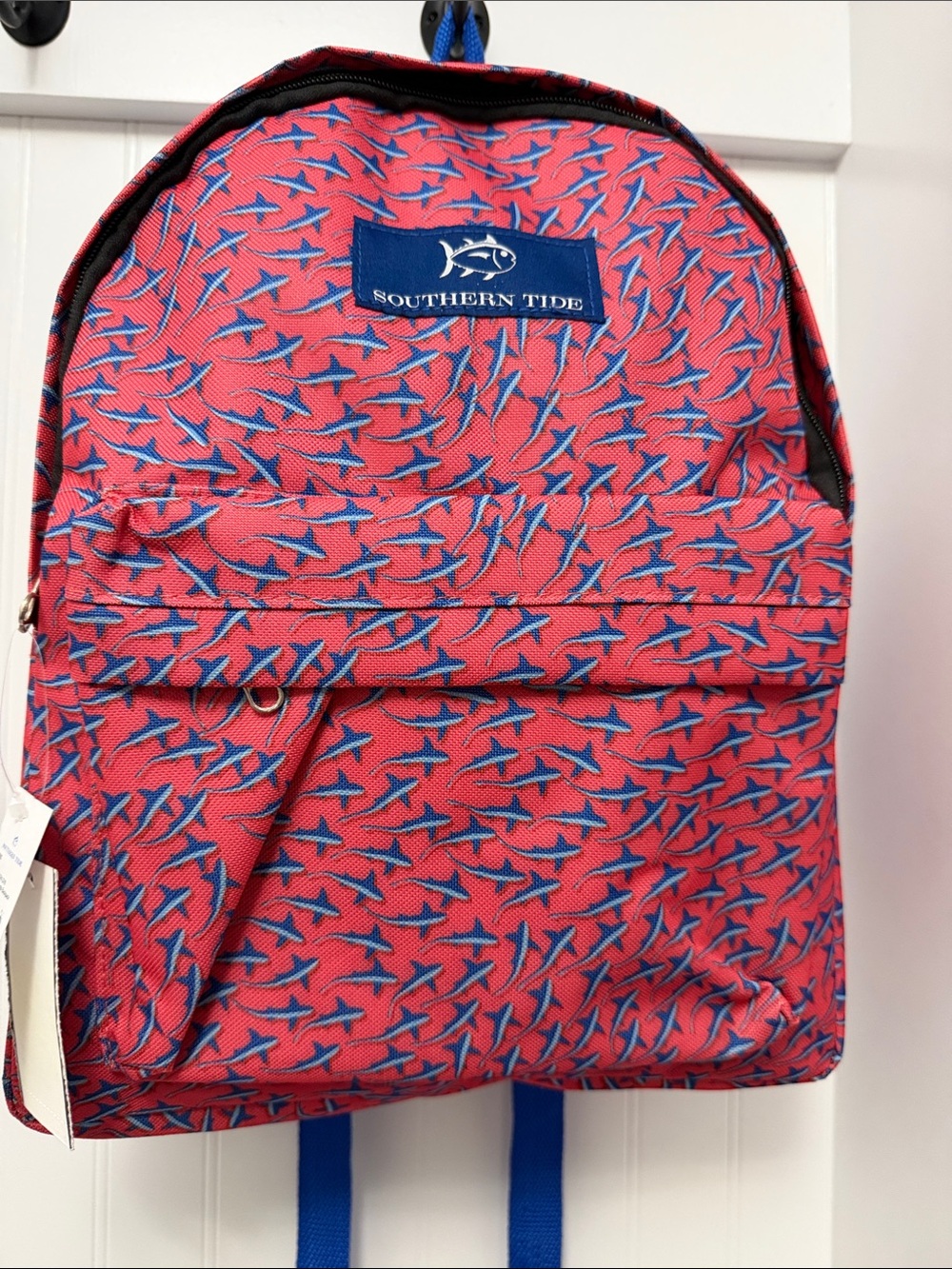 Southern Tide Red Backpack with Blue Fish Print